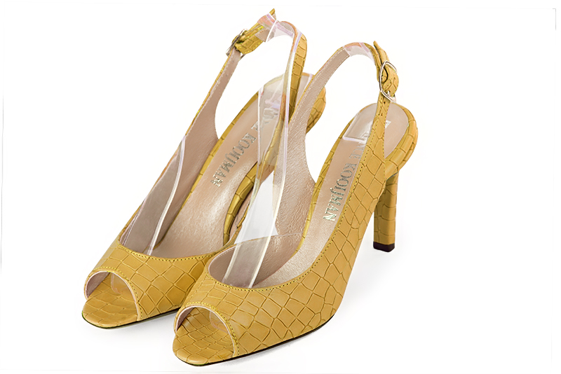 Mustard yellow women's slingback sandals. Round toe. High slim heel. Front view - Florence KOOIJMAN